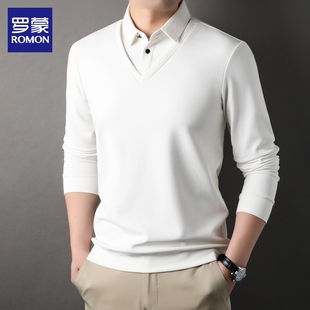 罗蒙卫衣男士长袖t恤秋季假两件白色打底上衣商务休闲Polo衫男款