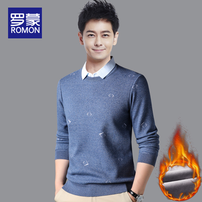 罗蒙加绒加厚假两件毛衣男衬衫领针织衫2025秋冬季新款保暖上衣服