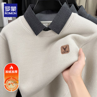 罗蒙2025秋冬加绒加厚新款假两件毛衣男士休闲亲肤保暖刺绣上衣男