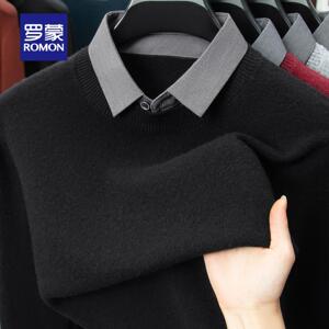 罗蒙基础款羊毛衫男士假两件套休闲秋冬季衬衫式毛衣百搭针织衫MF