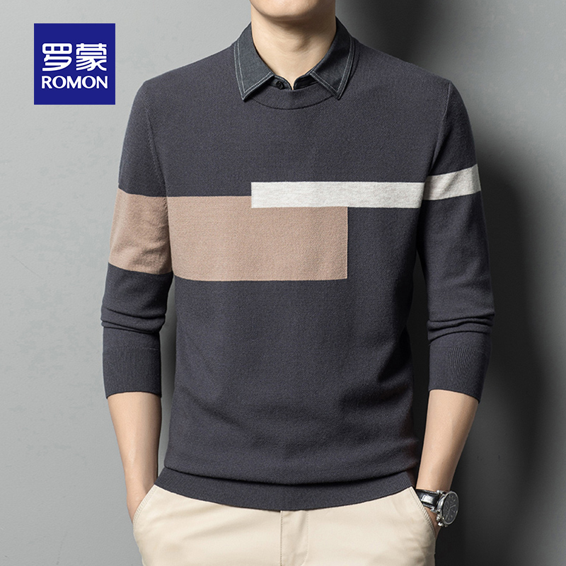 罗蒙男士假两件长袖T恤春季时尚休闲衬衫领针织衫内搭打底毛衣男