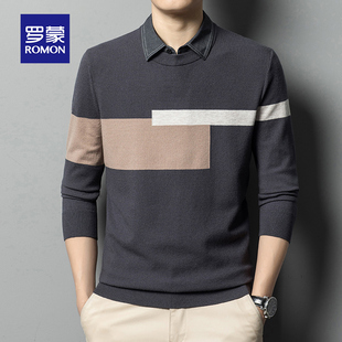 罗蒙男士假两件长袖T恤春季时尚休闲衬衫领针织衫内搭打底毛衣男