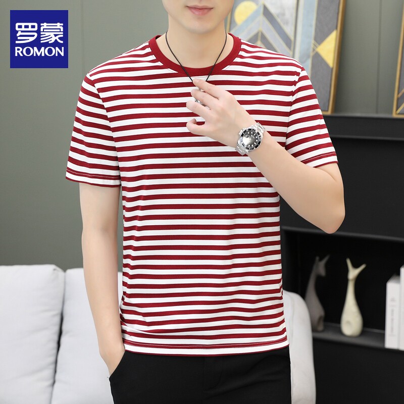 罗蒙短袖t恤男士夏季薄款修身条纹体恤休闲圆领半袖上衣服男夏装