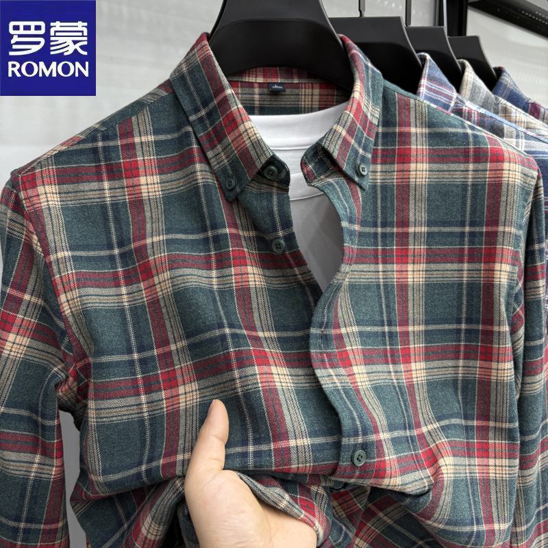 Romon/罗蒙100%全棉磨毛格子衬衫青年男士潮流外穿长袖衬衣复古潮