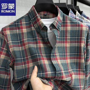 Romon/罗蒙100%全棉磨毛格子衬衫青年男士潮流外穿长袖衬衣复古潮