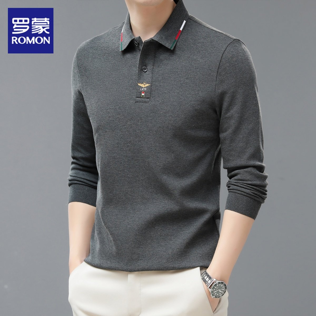 罗蒙纯棉长袖t恤男士2026年春季新款潮流时尚休闲翻领polo衫男装