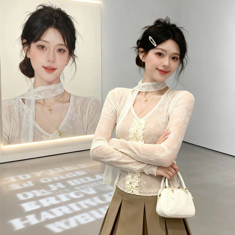 已保护  春款纯欲性感蕾丝捏褶花边收腰显瘦上衣T恤女上衣+飘带