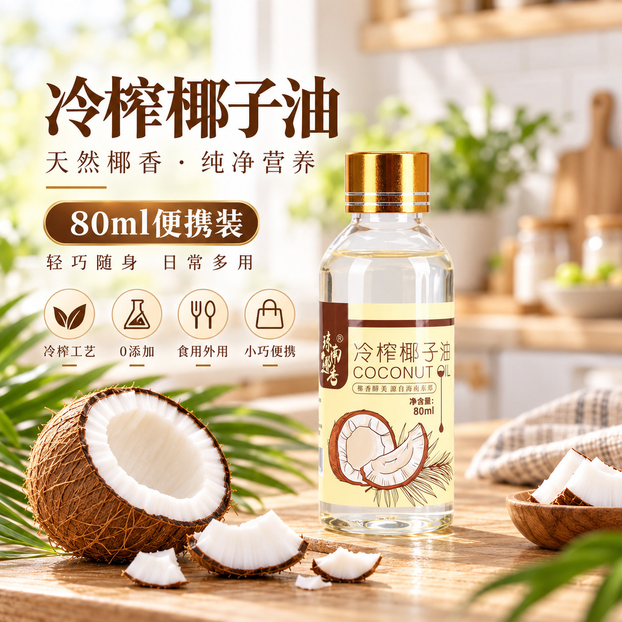 琼南椰香海南椰子油食用油纯冷压初榨正宗生酮烘焙护发肤80ml小瓶
