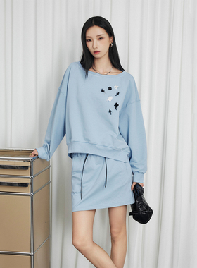 CLMX舒适弹力棉氨混纺小毛圈卫衣面料 钉珠多穿领卫衣/松紧腰短裙