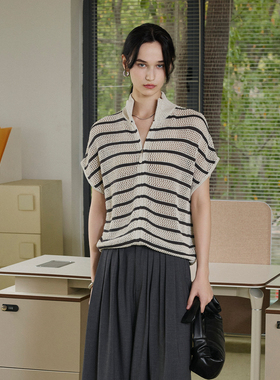 CLMX 丝麻混纺纱干爽透气骨感有型 镂空条纹复古立领针织短袖上衣