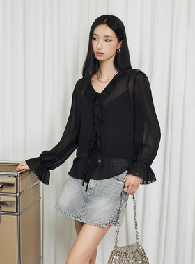 CLMX 轻透50D四面弹双皱雪纺面料 复古纯色系荷叶边V领衬衫+吊带