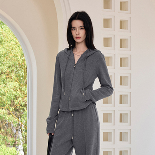 CLMX秋季休闲两件套柔软羊毛混纺双面布连帽抽绳外套/抽绳直筒裤