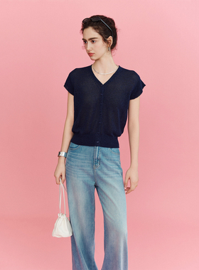 CLMX纯色简约通勤V领上衣轻盈和纸纱混纺纱线面料小飞袖针织衫女