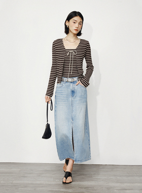 CLMX 亲肤弹性精纺羊毛混纺纱线 造型感系带V领条纹开衫/吊带背心