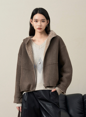 CLMX 高克重羊羔毛软糯亲肤透气复合面料双面穿连帽外套