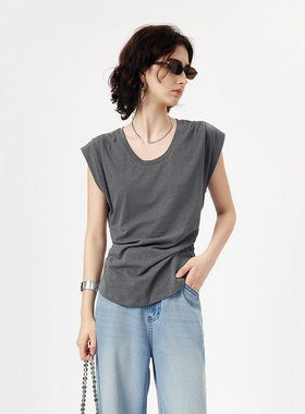 CLMX夏季简约纯色上衣亲肤舒适莱赛尔棉汉麻混纺面料U领褶皱T恤女