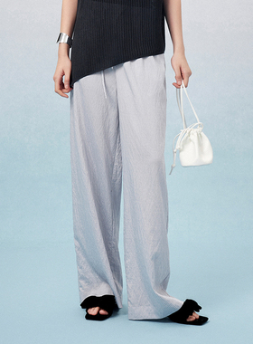 CLMX夏季简约通勤舒适亲肤锦混纺色织条纹面料复古宽松直筒休闲裤