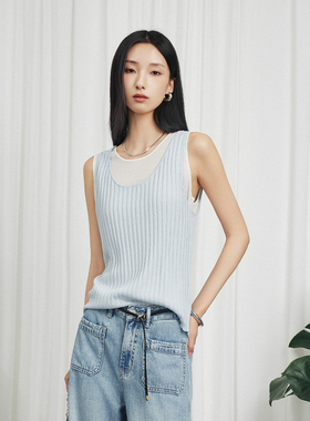 CLMX 轻薄干爽30支单汇丝麻纱 轻薄透感16针叠穿U领两件套背心