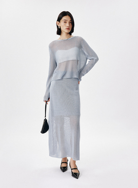 CLMX 轻盈感敲细莱赛尔亚麻纱 时髦氛围感镂空针织上衣+半裙套装