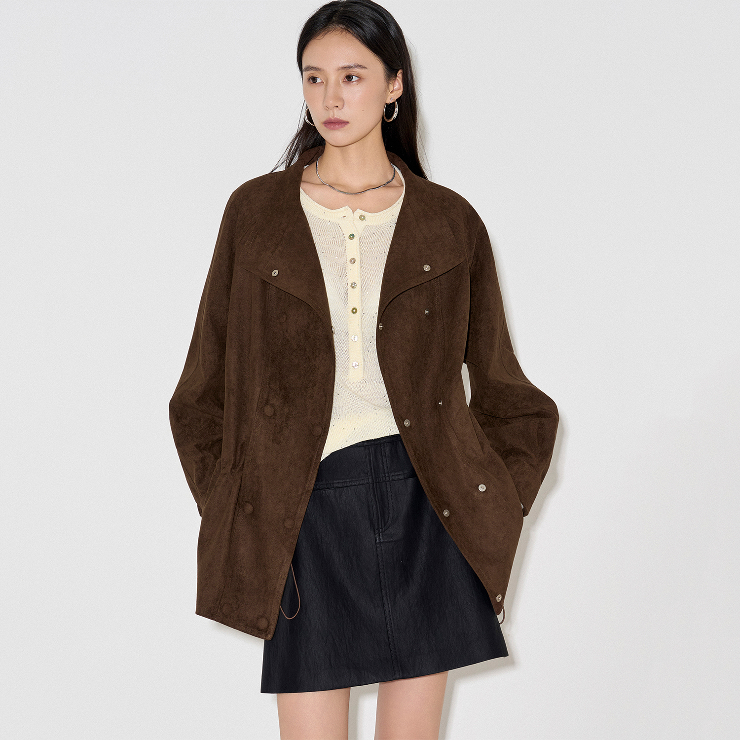 CLMX腰部抽绳立领廓形夹克柔雾易打理人造水洗麂皮秋季通勤外套女