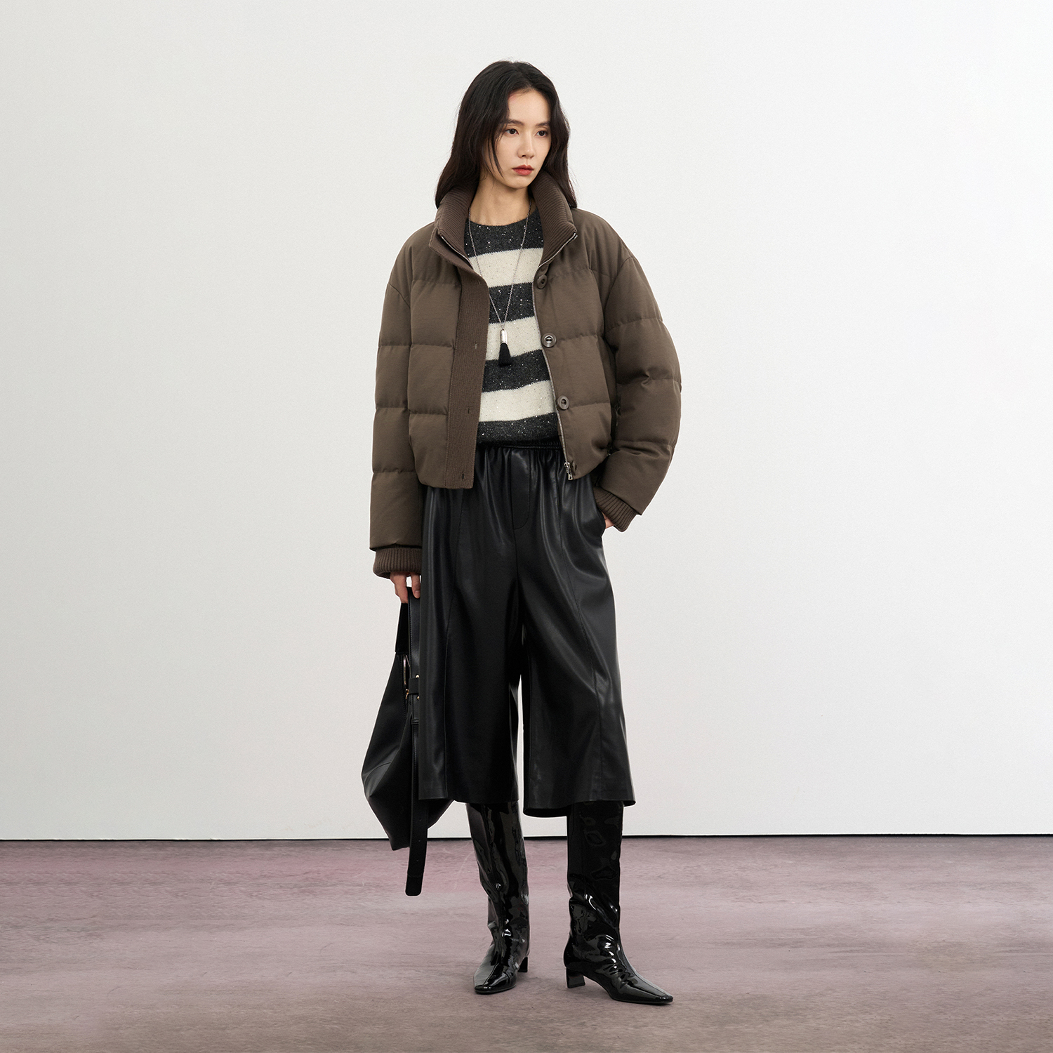 CLMX拼接毛织片立领侧抽绳泡芙羽绒服白鸭绒温暖御寒秋冬休闲上衣