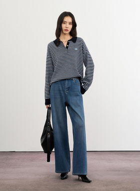 CLMX复古彩条半开襟翻领毛衣100%绵羊毛纱线面料秋冬通勤上衣女