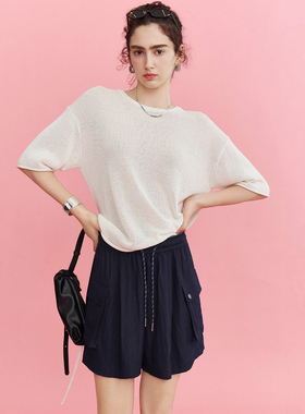 CLMX简约纯色直筒裤子透气粘纤锦纶混纺面料工装风贴袋抽绳短裤女