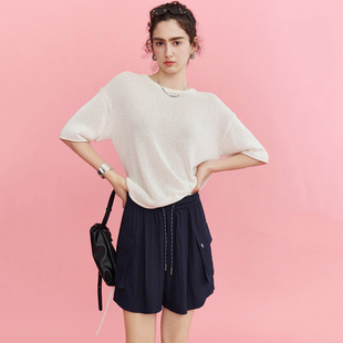 CLMX简约纯色直筒裤子透气粘纤锦纶混纺面料工装风贴袋抽绳短裤女