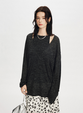 CLMX休闲套装亚麻混纺幻彩双色花纱面料V领针织衫/花纱针织背心