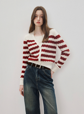 CLMX 柔和光泽细腻亲肤纯羊毛纱 复古撞色条纹假两件羊毛开衫毛衣