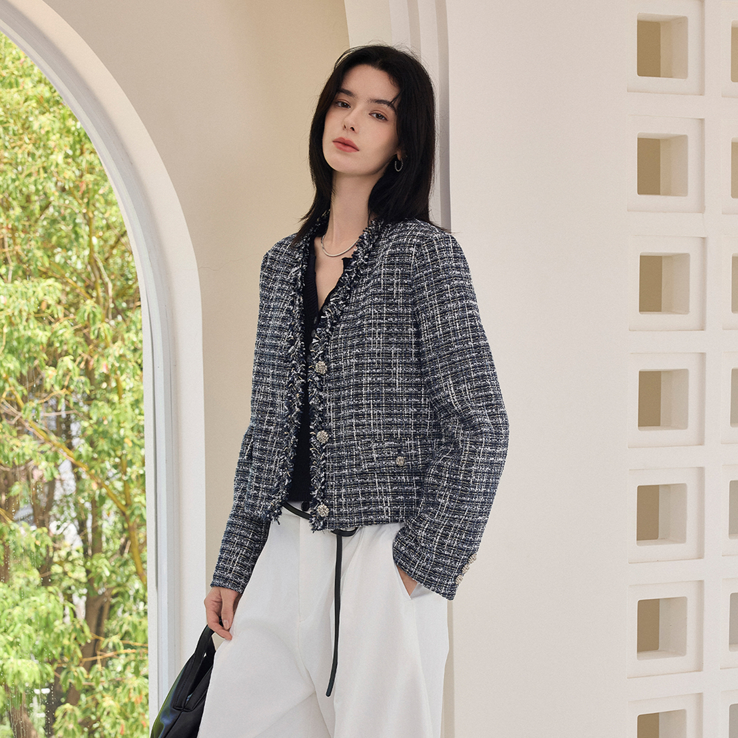 CLMX秋季格子V领香风短外套层次肌理丰富粗织花纱面料通勤上衣女