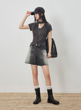 CLMX 舒适轻盈体感粗斜纹牛仔 百搭通勤风直筒毛边牛仔短裤赠腰带