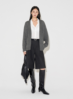 CLMX复古老钱风花呢压褶阔腿五分裤羊毛混纺休闲裤子女