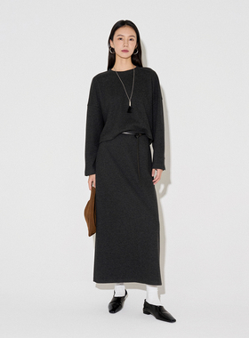 CLMX秋冬纯色通勤套装复合针织布圆领上衣/松紧腰休闲裤/半身裙女