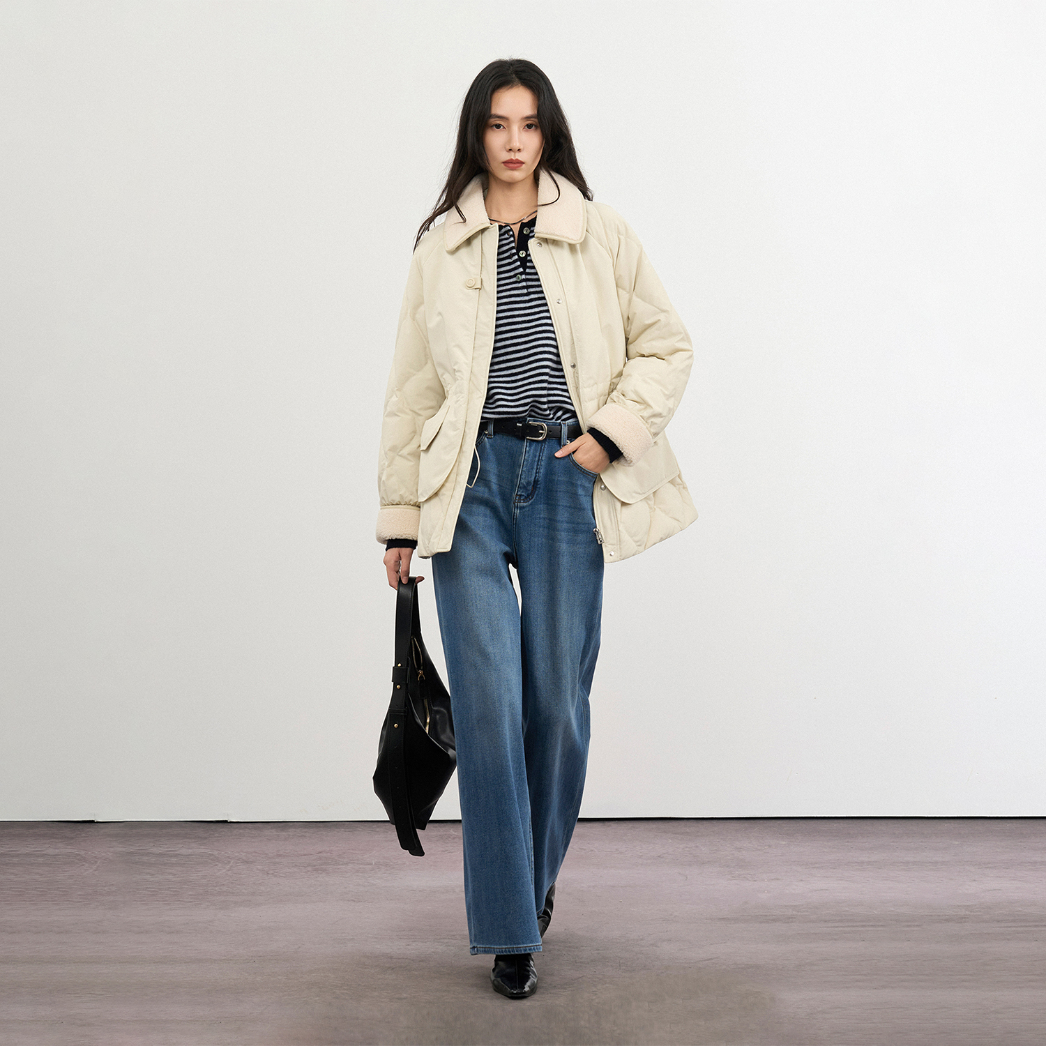 CLMX复古毛领插肩袖抽绳腰羽绒服白鸭绒秋冬休闲保暖减龄外套女