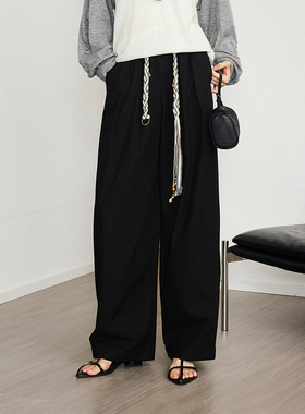 CLMX简约纯色长裤复古粗斜纹竹节纹肌理棉混纺面料压褶阔腿裤女