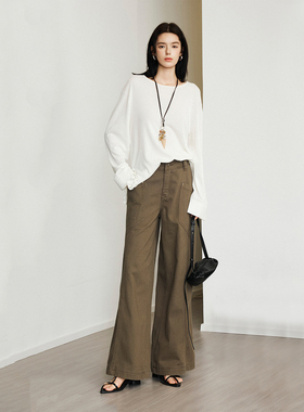 CLMX纯色简约宽松上衣和纸混纺纱面料花边圆领针织衫T恤亲肤透气