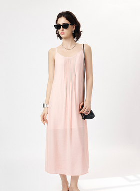 CLMX夏季纯色气质通勤裙子清凉粘纤锦纶混纺面料压褶吊带连衣裙