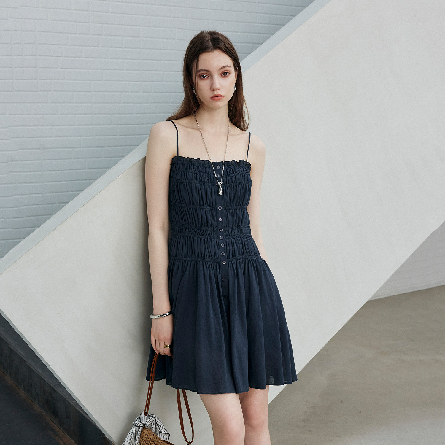 CLMX 甄选高支高密精梳纯棉面料 无龄感褶皱通勤风抹胸吊带连衣裙