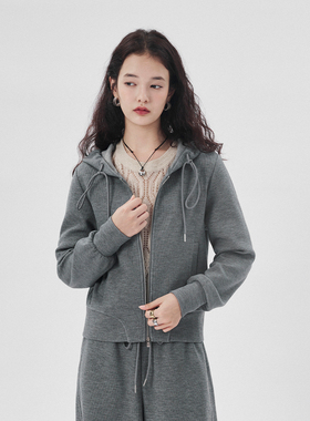 CLMX色织羊毛细坑条面料 美式复古连帽短卫衣/显瘦髙时装香蕉卫裤