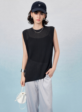 CLMX夏季通勤纯色上衣干爽清凉亚麻粘胶混纺纱线面料无袖针织背心