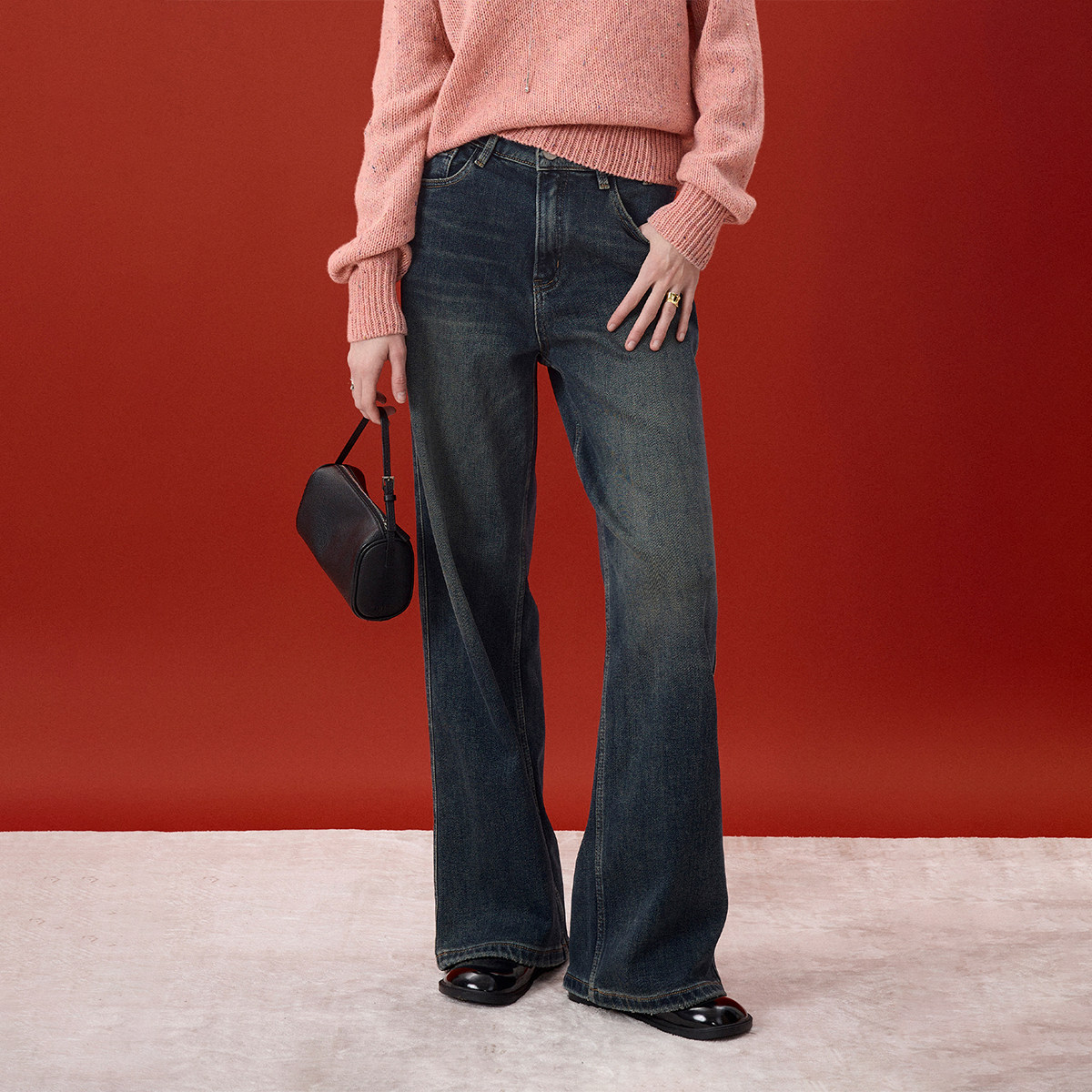 CLMX 复古水洗雪绒丹宁牛仔面料 美式复古内里加绒宽松阔腿牛仔裤