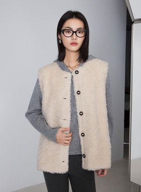 CLMX100%绵羊毛蓬松软糯复古叠穿风绒感无袖圆领廓形开襟马甲外套