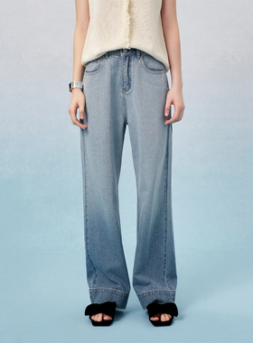 CLMX秋季微弹宽松直筒裤子高织牙签纹牛仔布面料牛仔裤女
