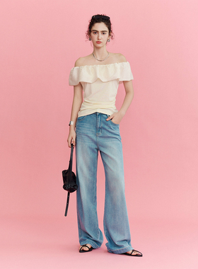 CLMX纯色简约花边领上衣莱赛尔氨纶混纺面料一字领T恤女