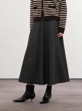 CLMX拼接A摆伞裙复古色织混纺斜纹单面磨毛面料秋冬通勤半身裙女