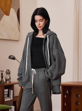 CLMX秋季宽松休闲两件套羊毛混纺复合针织布抽绳外套/微喇长裤女