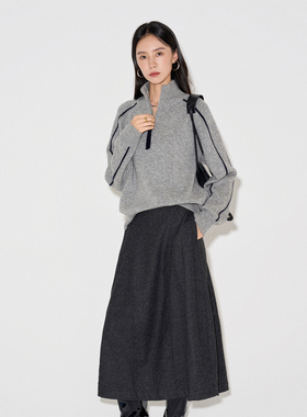 CLMX格雷系后腰松紧量感A摆半身裙挺括有型羊毛混纺斜纹薄呢裙子
