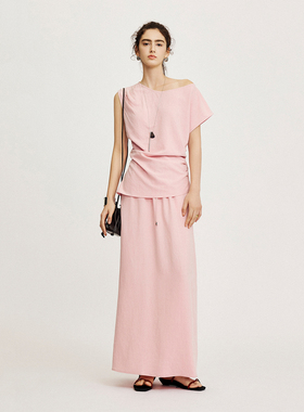 CLMX简约纯色两件套褶皱砂洗莱赛尔面料收腰露肩上衣/开衩半身裙