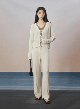 CLMX氧气轻盈感敲细莱赛尔亚麻纱 慵懒度假风系结开衫+空气裤套装